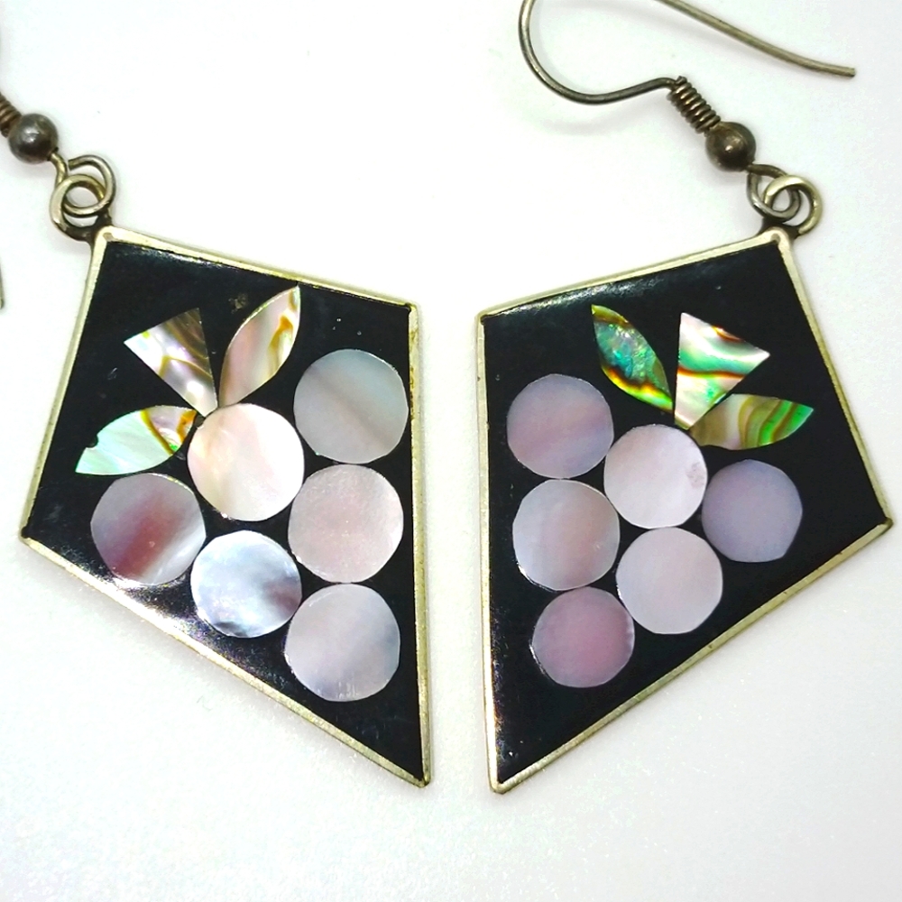 Vintage Mexican Silver Mother of Pearl Abalone Shell and Enamel Earrings Grapes